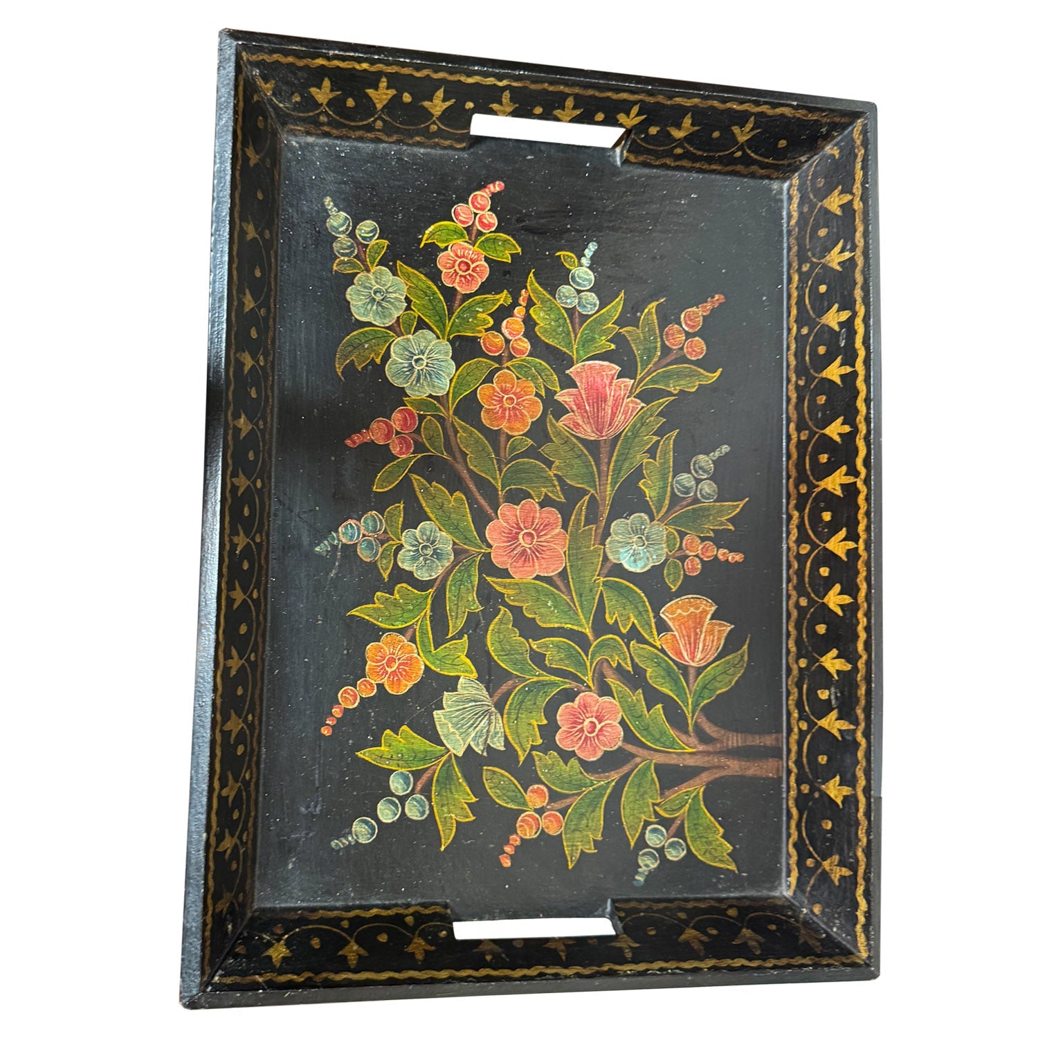 16 in. x 12 in. Vintage Hand Painted Floral Large Wooden Tray