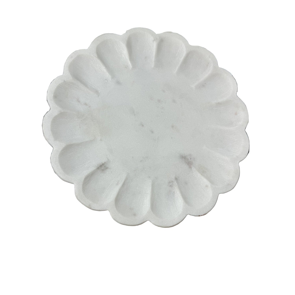 10 in. Round Handmade Scalloped White Marble Platter