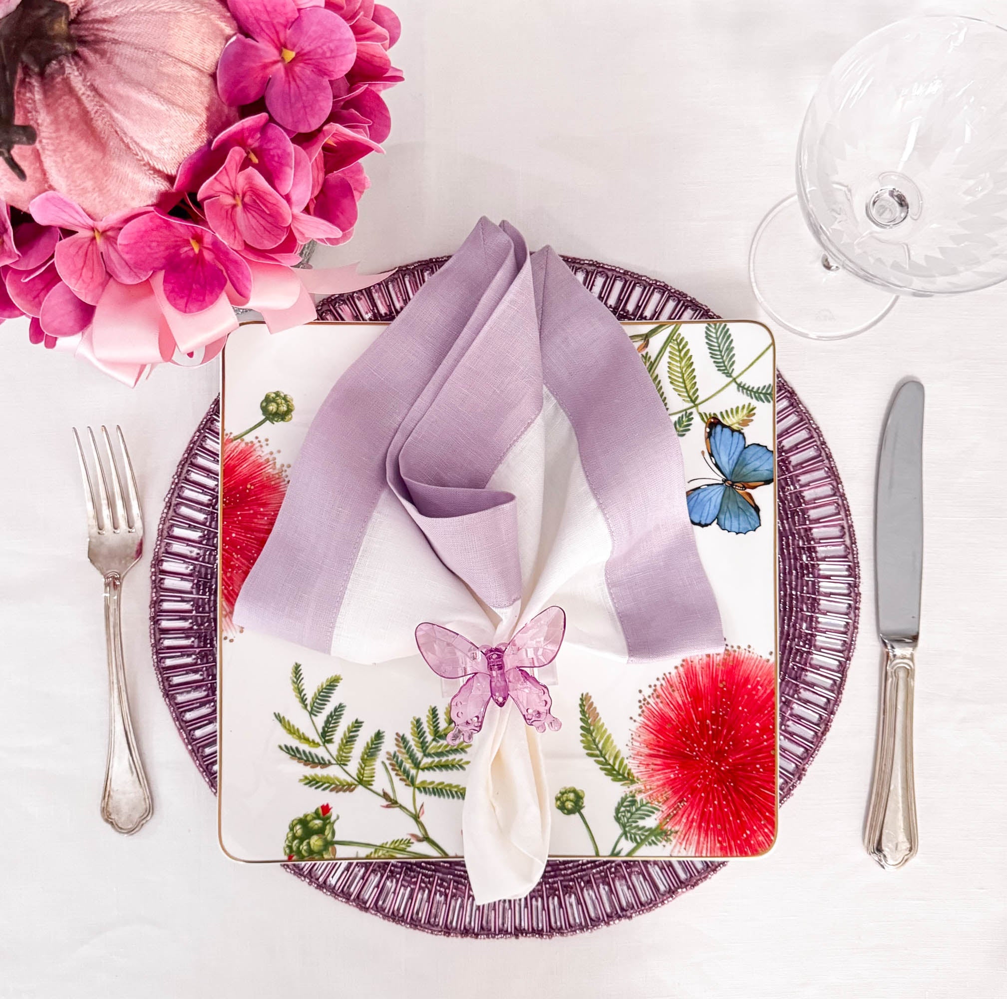 Lilac Linen Napkins with Double-Sided Borders, Set of 4 / ChouChou Touch