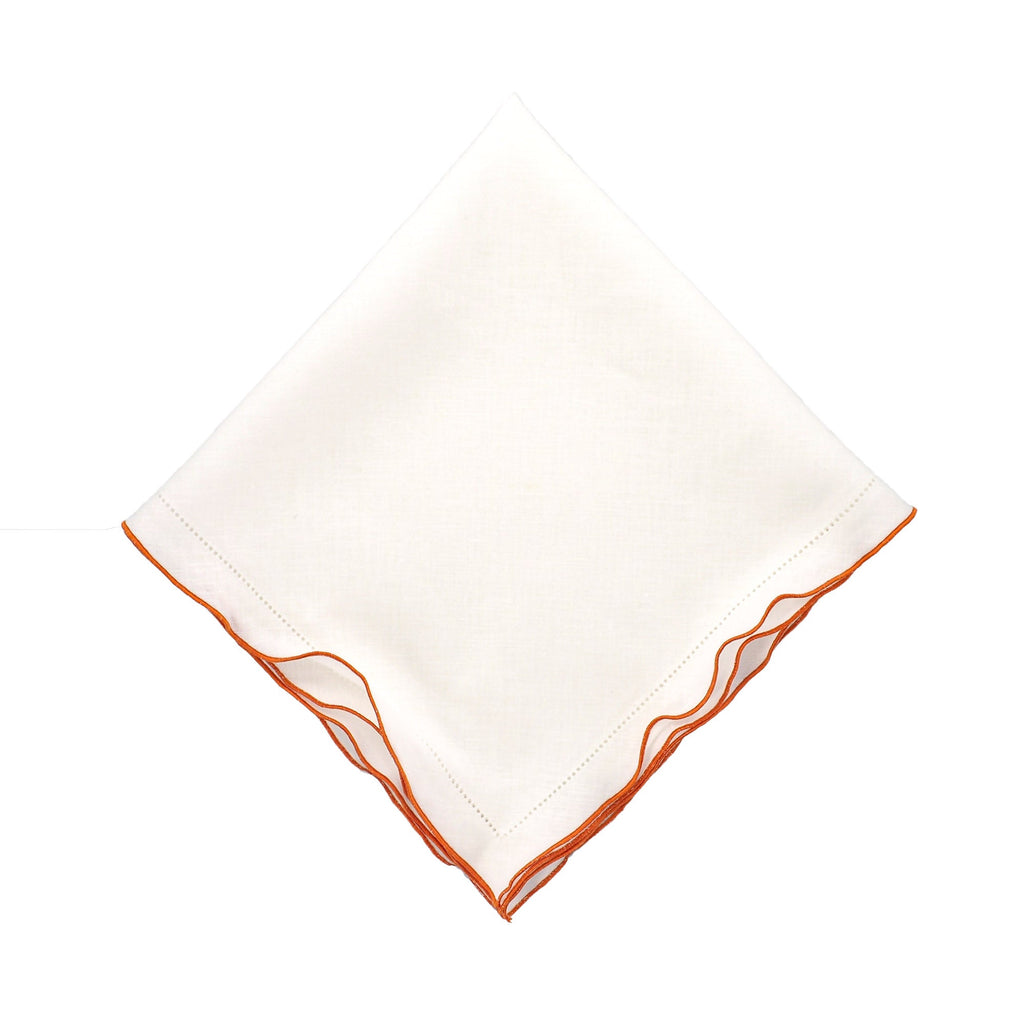 White Linen Napkins With Orange Ruffled Hemstitch Edges, Set of 4