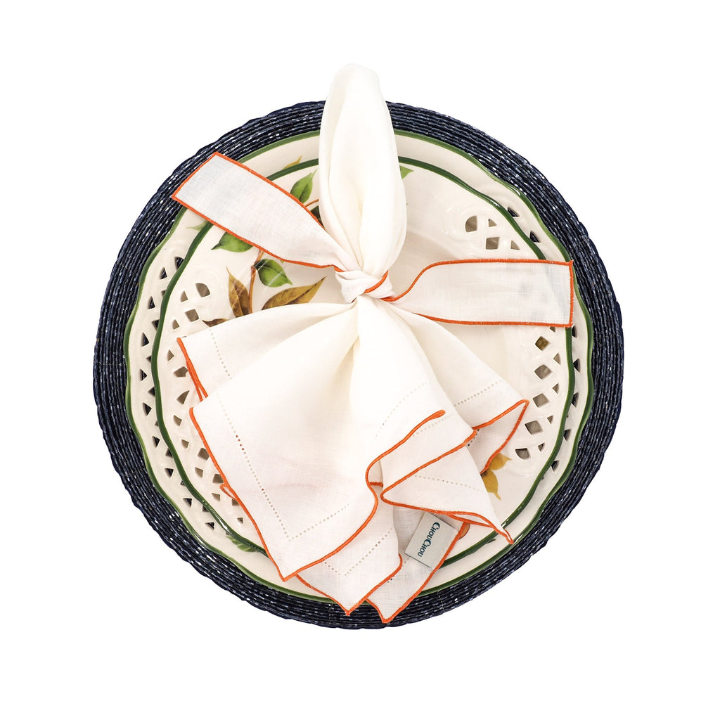 White Linen Napkins With Orange Ruffled Hemstitch Edges, Set of 4