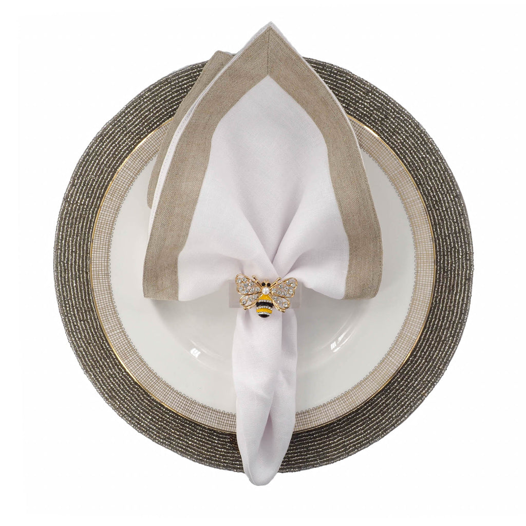 White Linen Napkins With Sparkle Borders, Set of 4