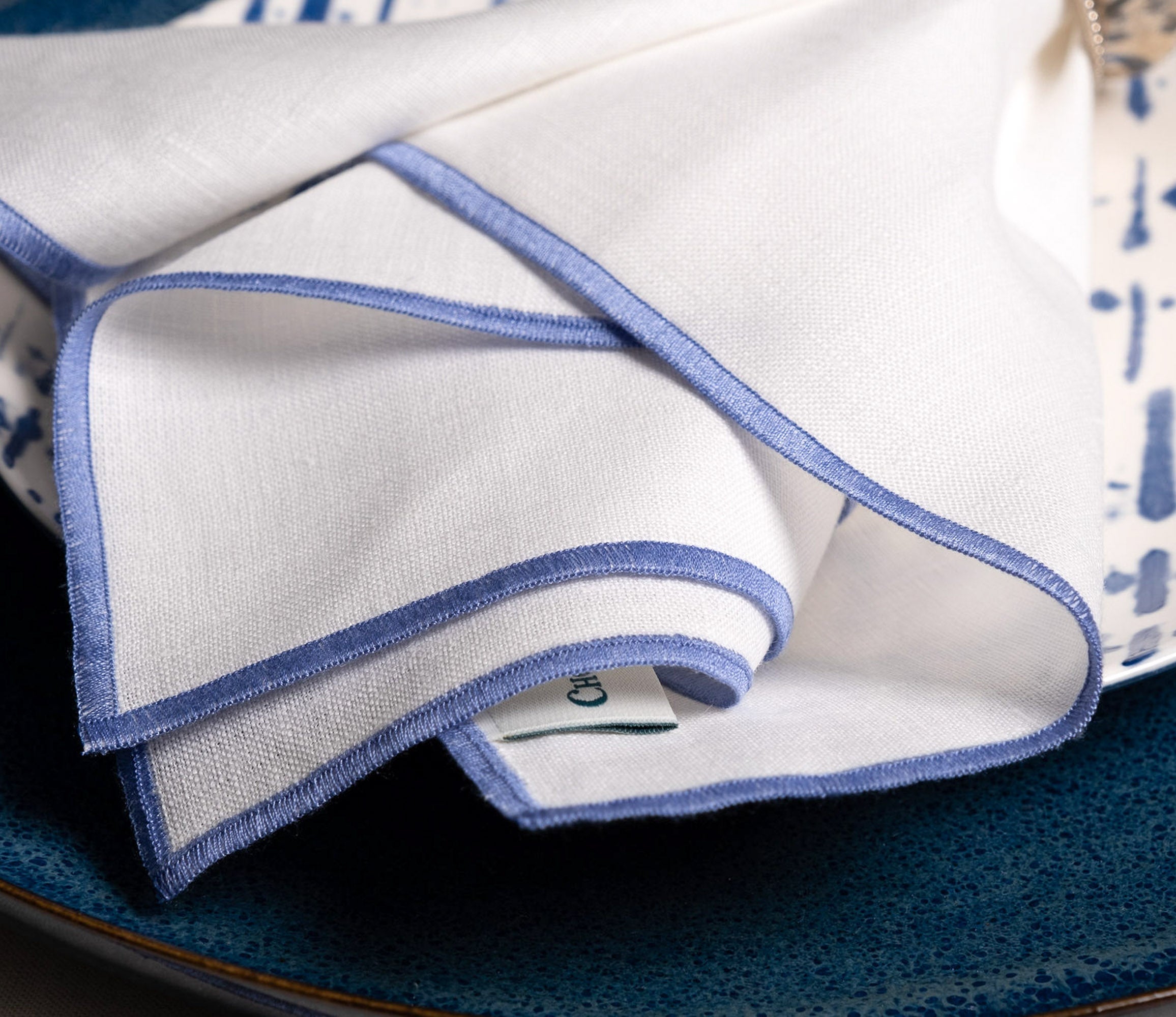 Linen Napkins With Blue Stitch Edges Set of 4